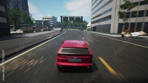 Coming second to the finish in the computer game street car race defeat. Defeat in the competitive city road race of fast cars. Player controlling the red car Suffering defeat in the quick race. photo