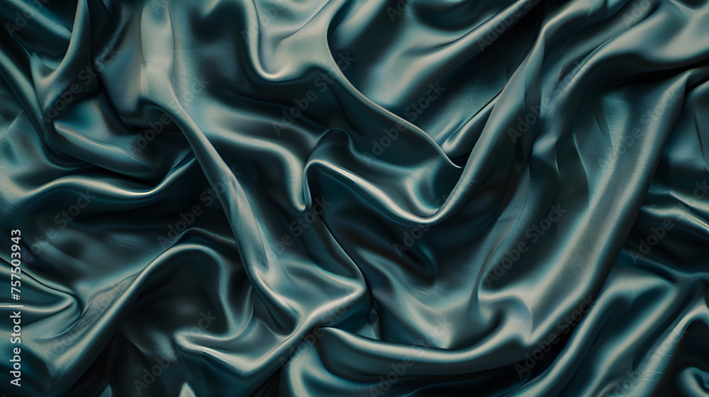 Fototapeta premium Rich teal satin fabric with luxurious waves, conveying a sense of sophistication and tranquillity