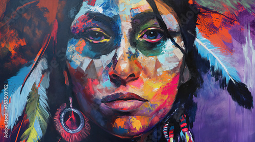 beautiful painting of Native American Indian woman   wearing feather headdress. colorful oil and acrylic painting