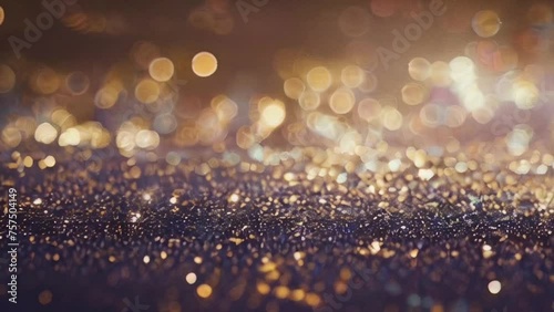 Golden particles like confetti or spangles float in a viscous liquid and glitter in the light with depth of field. 3d abstract animation of particles in 4k. glittering gold powder bokeh.