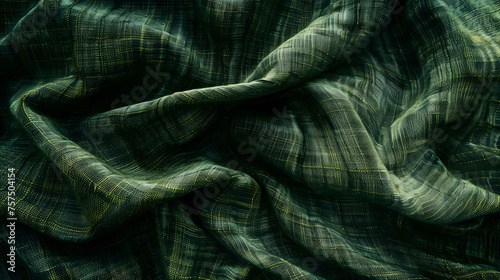 Luxurious green textured fabric showcasing a classic plaid design with a modern twist in its texture