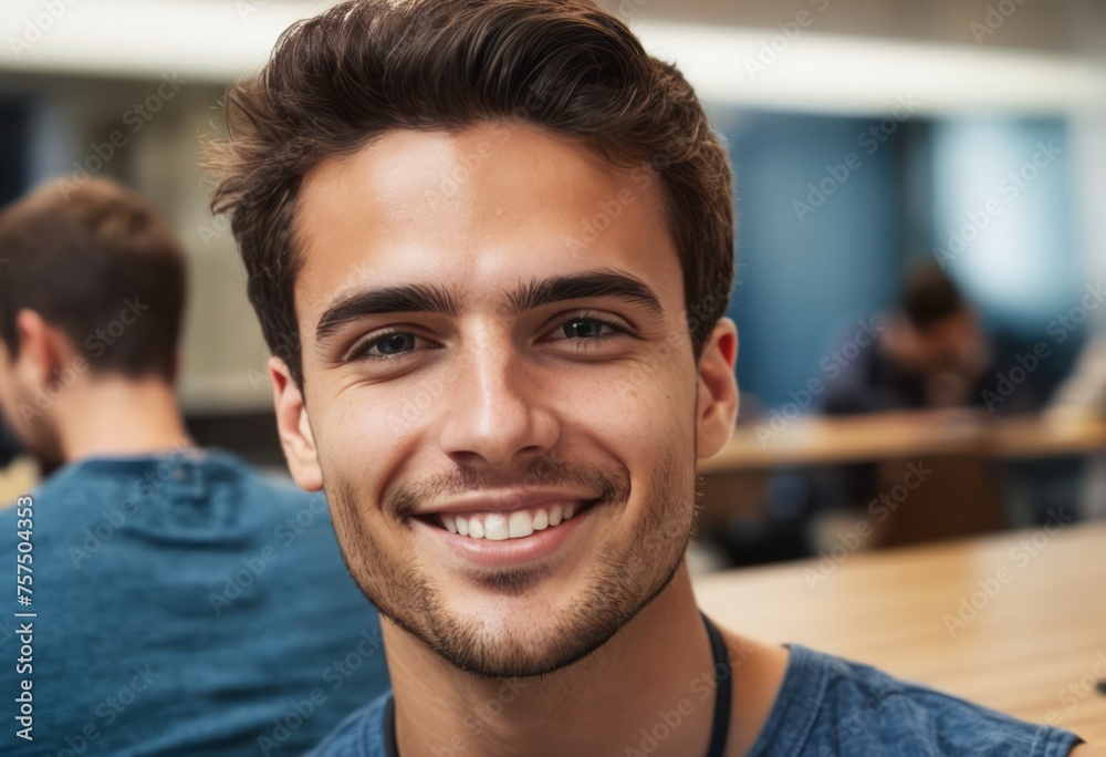 A confident young man with a friendly smile in an office environment. His casual blue shirt contrasts with the professional setting.