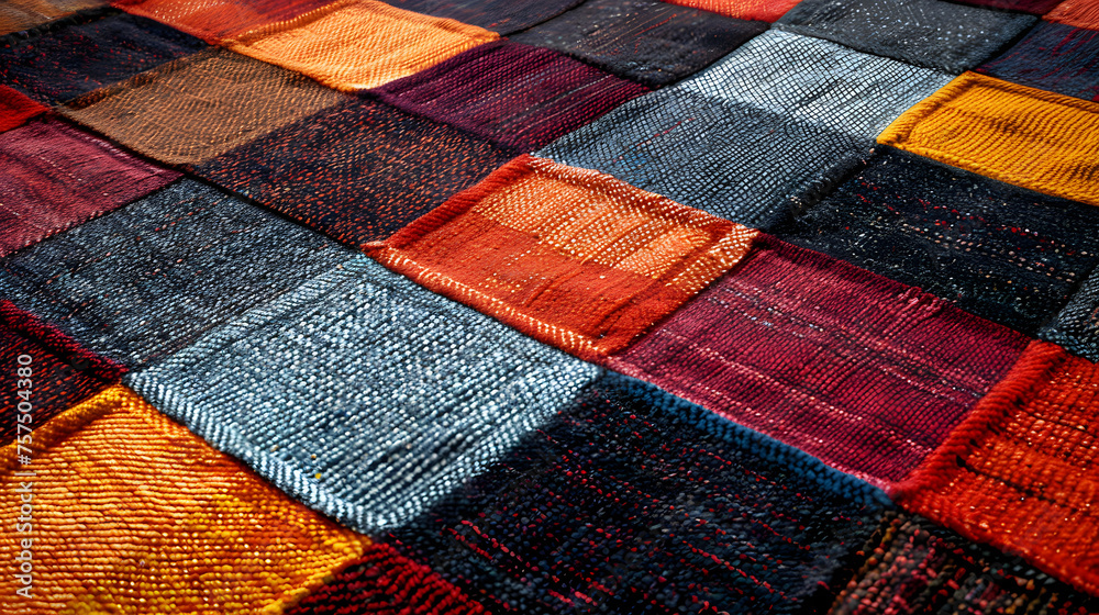 A detailed close-up image of a patchwork made of colorful woven fabric pieces creating a textured pattern A detailed close-up image of a patchwork made of colorful woven fabric pieces creating a textured pattern