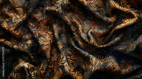 This image displays a dark fabric adorned with a detailed gold ornate floral pattern, exuding an antique luxury feel