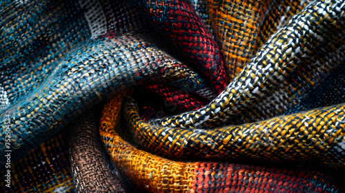 A mesmerizing photo capturing the vibrant colors and dramatic folds of a beautifully woven textile, expressing movement and energy