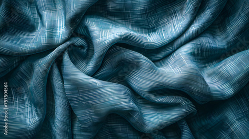 Close-up shot of blue satin with a shimmering abstract pattern, depicting elegance and luxury