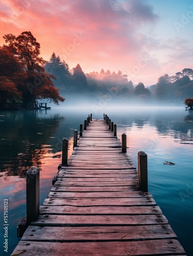 A straight flat simplistic rectangular lake dock, beautiful sunrise, foggy, calm water. Lake with a colourful sky. Nature relax wallpaper, Generative AI