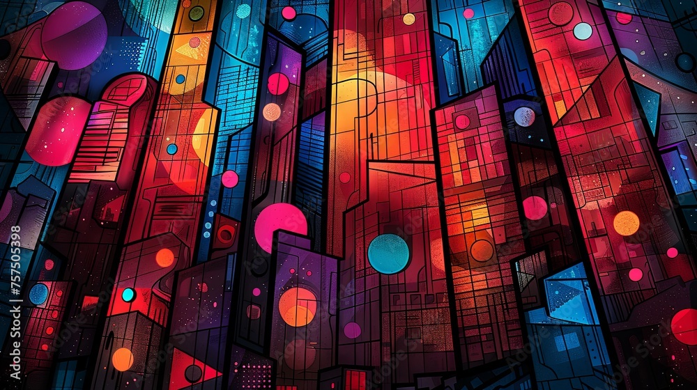 Naklejka premium An artistic, vibrant cityscape at night with abstract bright lights and stylized skyscrapers under a starry sky.