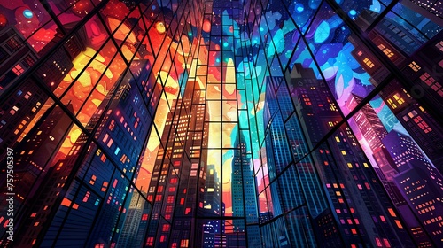 An artistic, vibrant cityscape at night with abstract bright lights and stylized skyscrapers under a starry sky.