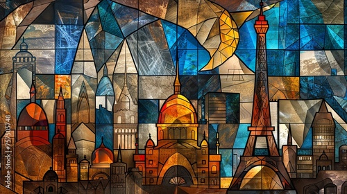 Artistic representation of famous world landmarks in a stained glass style  merging history with modern art.
