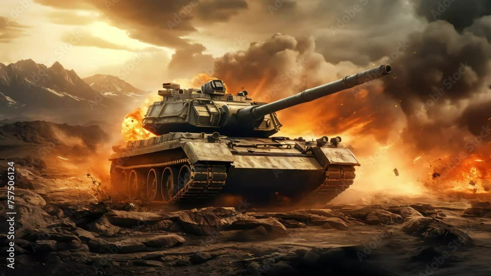 An armored tank traverses a minefield in the midst of a military invasion, creating an epic spectacle of flames and turmoil in the desert. Generative AI An armored tank traverses a minefield in the midst of a military invasion, creating an epic spectacle of flames and turmoil in the desert. Generative AI