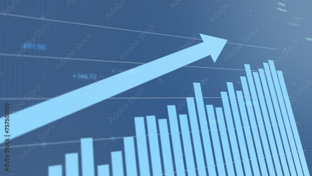 Animated blue graph displaying market trends with rising and decreasing lines, showcasing trade dynamics, crypto fluctuations, and varied expenses in a digital diagram format.