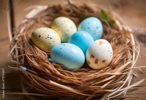 Three blue speckled eggs in bird nest , Easter holiday decorations , Easter concept background