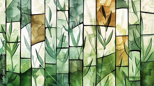 Artistic background resembling stained glass, with patterns of green foliage and subtle earth tones. photo