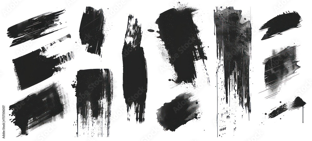 Set of paint brush stroke, ink splatter and artistic design elements. Dirty watercolor texture, box, frame, grunge background, splash or creative shape for social media. Abstract drawing.