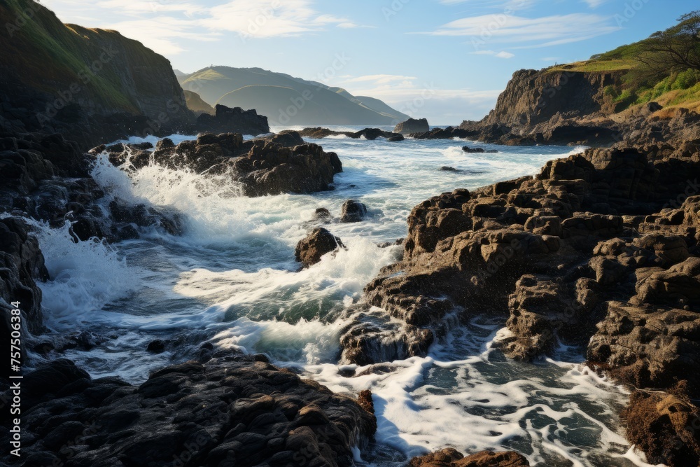 Wind waves crash against rocks in coastal natural landscape