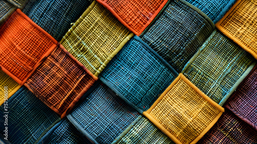 Vibrant image featuring an array of colorful, textured fabric squares assembled in a patchwork design