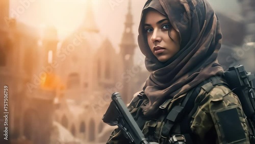 Malay woman in combat gear, against the backdrop of an abandoned city. Generative AI	
 photo