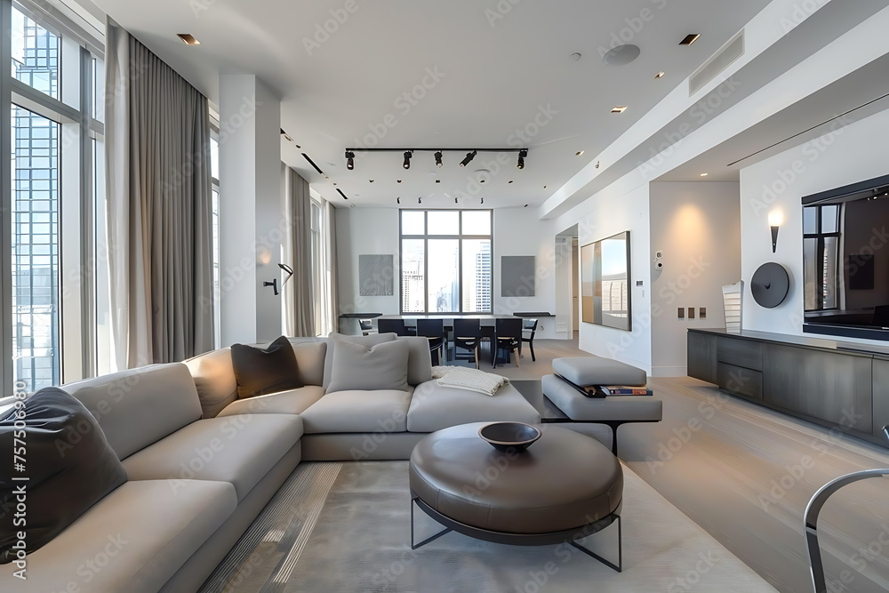 Fototapeta premium Spacious Living Room With Large Couch and Flat Screen TV