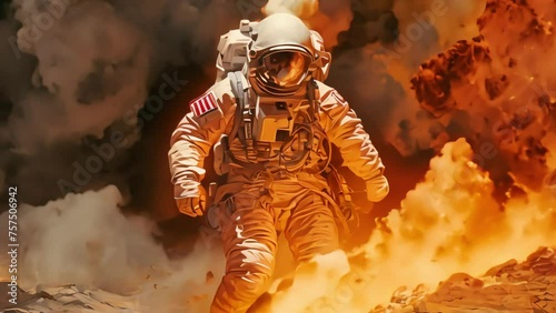 an astronaut in a spacesuit engulfed in flames, a cotostrophic space rescue scenario. Generative AI	
 photo