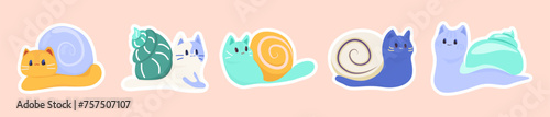 A set of five cute children's stickers in the form of snail cats on a beige background. Cat faces in snail shells. 