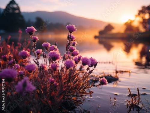 Purple flowers bloom at lakeside with sunset light reflecting on water