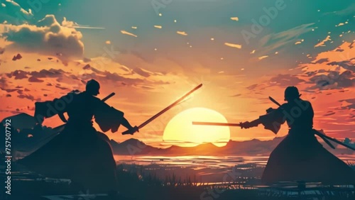 Silhouette of two samurai photo
