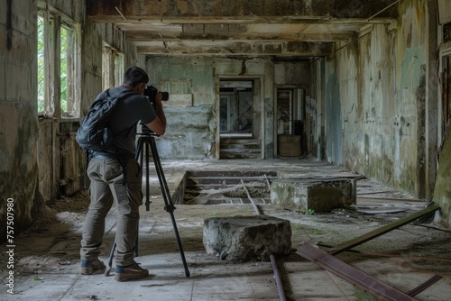 Photographer Taking Pictures In An Abandoned Building photo