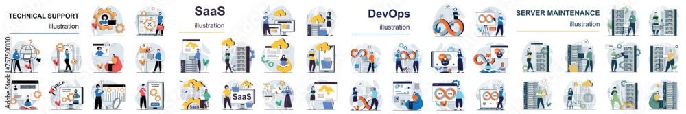 Mega set flat design concept DevOps, SaaS, technical support, server maintenance with people character situations. Bundle of different scenes. Collection vector illustrations. - obrazy, fototapety, plakaty 