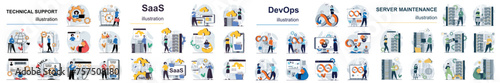 Mega set flat design concept DevOps, SaaS, technical support, server maintenance with people character situations. Bundle of different scenes. Collection vector illustrations. photo