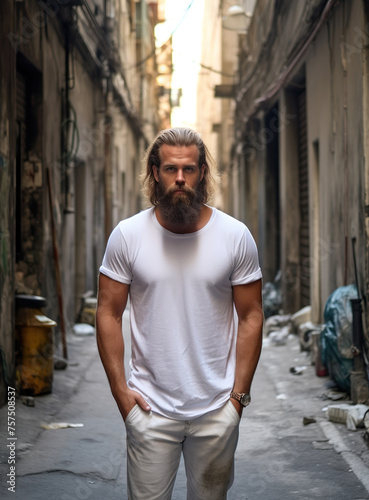 beardy man in white t shirt standing in alleyway