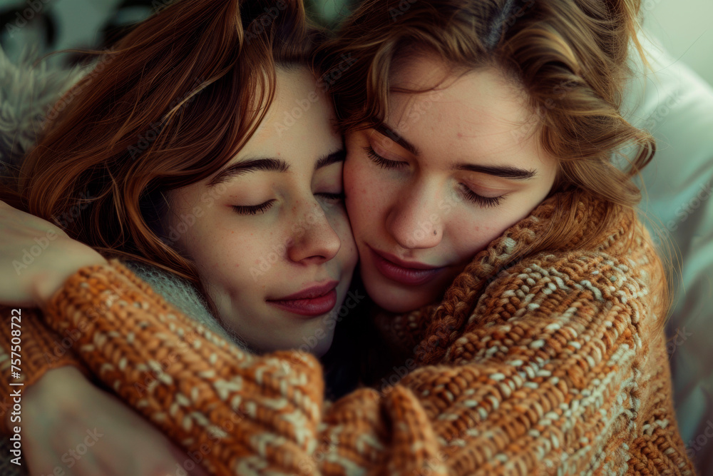 Two girls hug each other tightly Two girls hug each other tightly