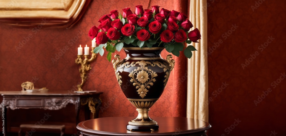 Royal Gold Metal Artwork Glossy Vase on Table - Brown and Gold with Red Flowers.