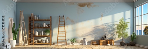 An empty  minimal sunny room in which repairs are being made. Paint cans  stepladder  building supplies. Creative concept for residential and commercial renovations. Copy space  Generative AI