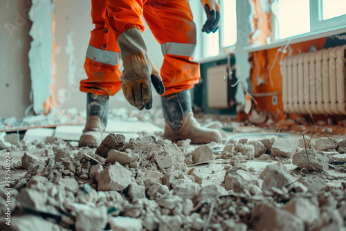 A worker in overalls removes garbage during renovation of a room.