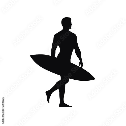 Solid black silhouette of a surfing man on a white background сreated with Generative Ai