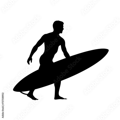 Solid black silhouette of a surfing man on a white background сreated with Generative Ai
