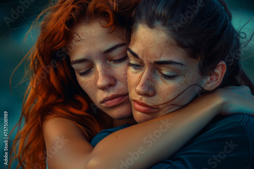 Two girls hug each other tightly
