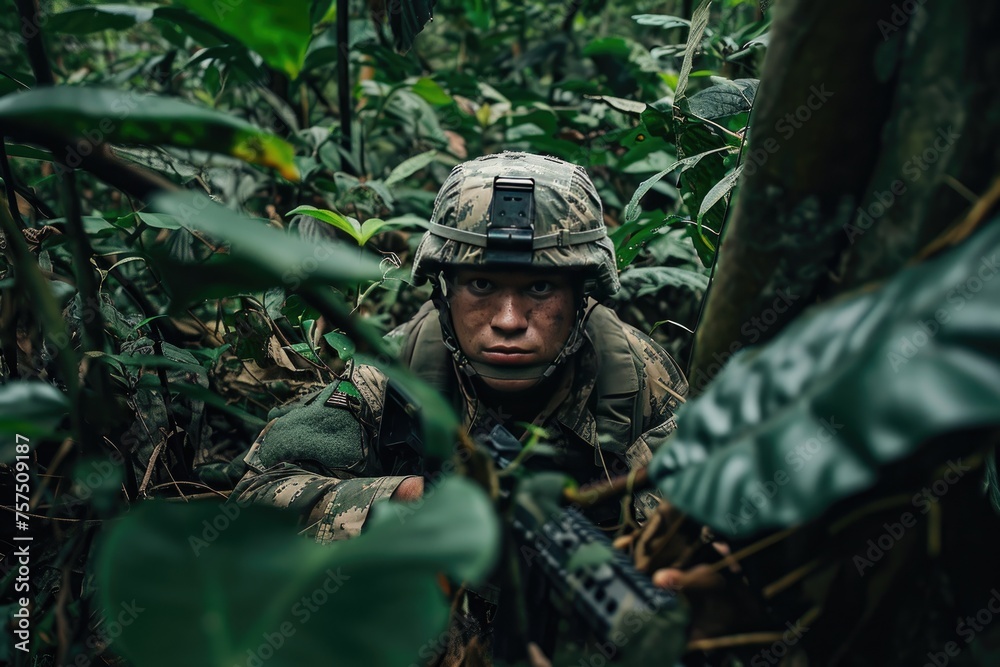 Soldier On Patrol In A Dense Jungle