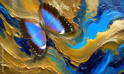 bright blue tropical morpho butterfly against a background of abstract blue a...