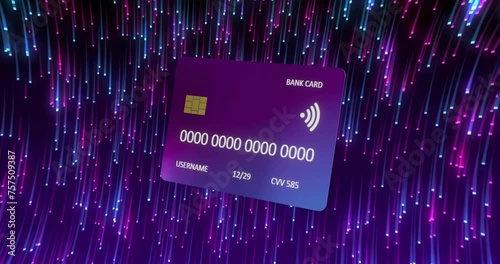 Animation of credit card over light trails on black background photo