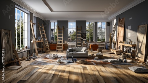 Sunny room that is being renovated. Paint cans, stepladder, building supplies. showing the process of renovating an apartment, working with tools, wall finishing, laying floor coverings. Copy space © Анатолий Савицкий