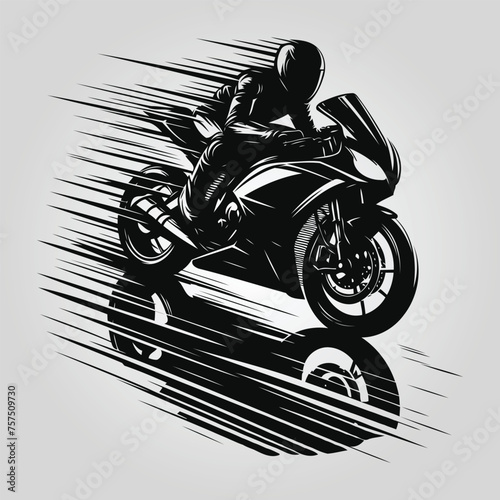 Motorcyclist on sport motorcycle - racing sports bike silhouette, Sportbike motorcycle flat vector icon.