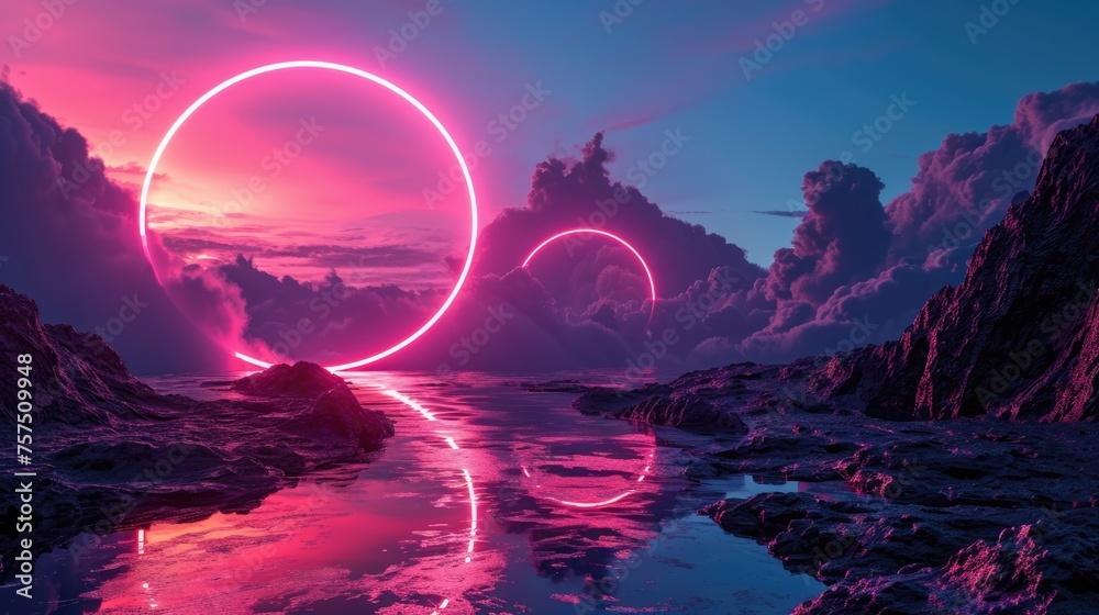 The great pink floating circle beyond the river that surrounded with a lot amount of the tall mountains at the dawn or dusk time of the day that shine light to the every part of the picture. AIGX03. - obrazy, fototapety, plakaty 