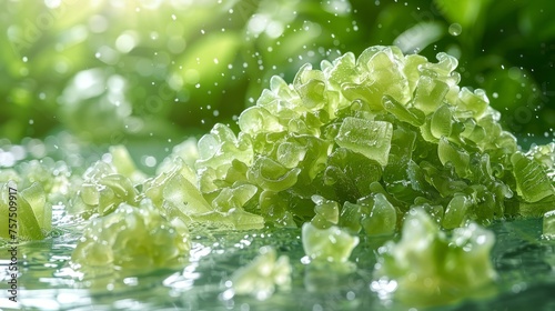 a bunch of green lettuce floating on top of a body of water with drops of water on it.
