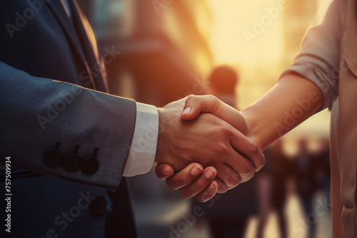 a business man and a business woman shake hands warmly сreated with Generative Ai photo
