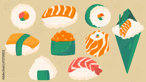 Flat vector illustration of sushi with fish,cucumber,rice. Asian food set.Sea food illustration.
