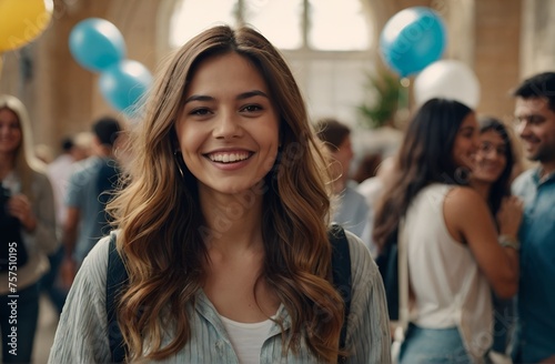 Beautiful girl standing in college campus party and looking at camera. Young happy woman standing at university event or farewell.