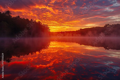 Vibrant Sunrise Over A Misty Lake © SaroStock