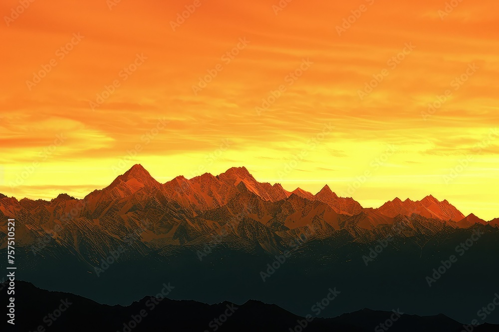 Majestic mountain range at sunrise with golden hues, vibrant sky, and scenic peaks creating a stunning natural landscape